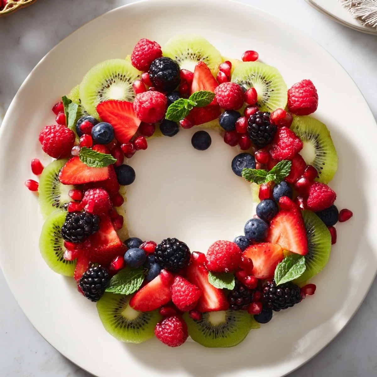 Bright, healthy fruit plate displaying a kiwi and berry holiday wreath, ready to be enjoyed.