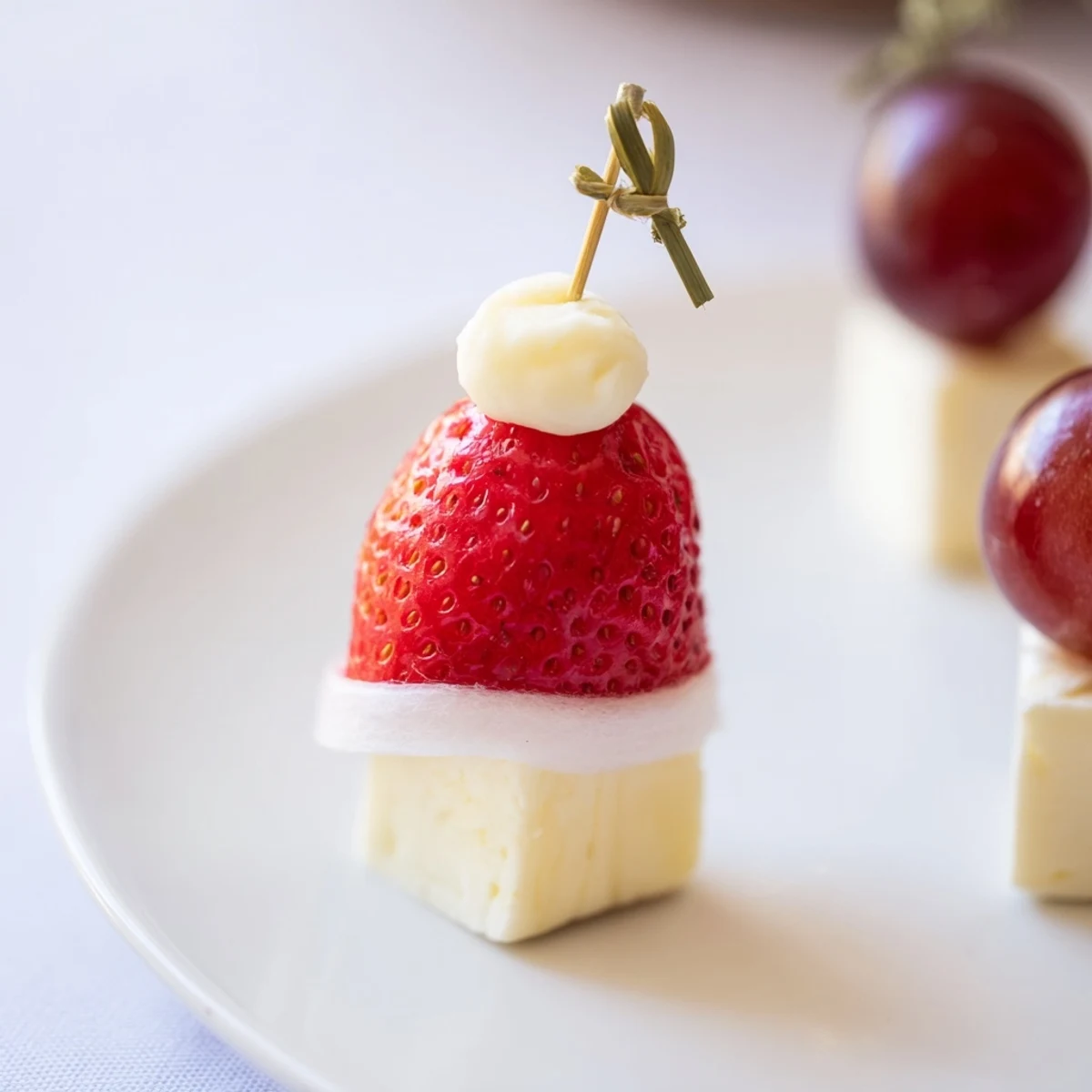 Vibrant Santa Hat Fruit and Cheese Platter with juicy strawberries, perfect for a Christmas appetizer.