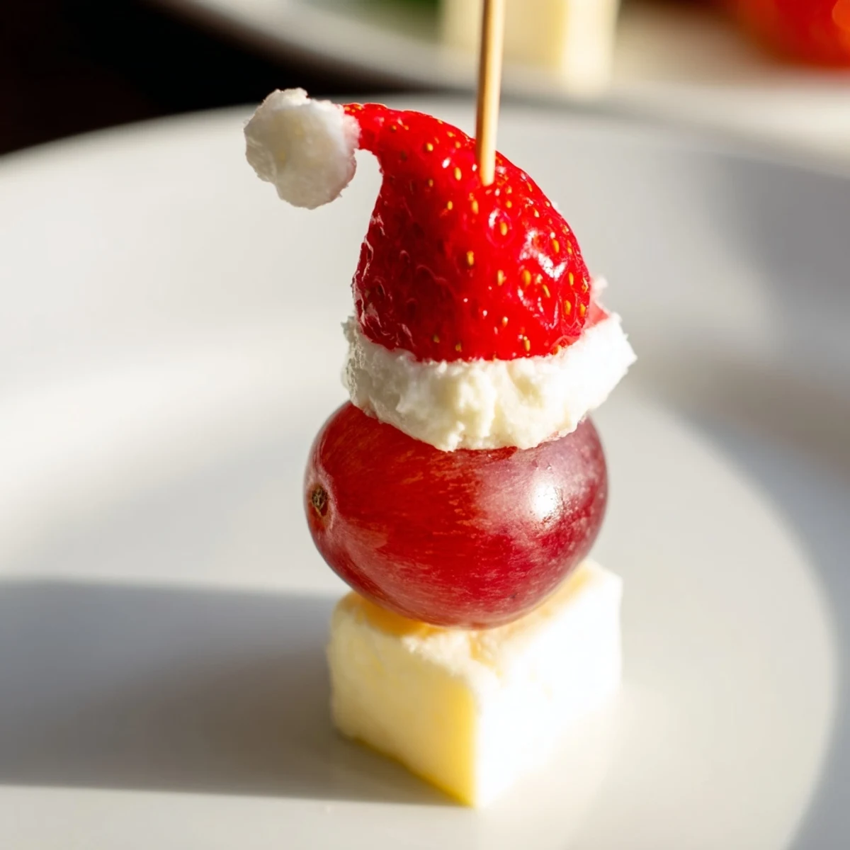 A close-up shot of a Santa Hat Fruit and Cheese Platter, showcasing creamy mozzarella and plump grapes.