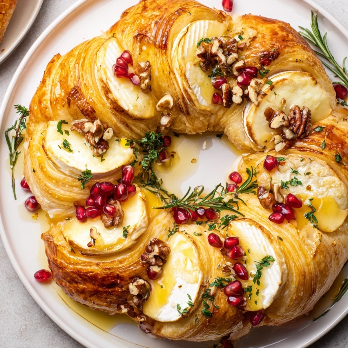 Elegant Pomegranate and Brie Wreath appetizer, featuring creamy cheese, ruby pomegranate seeds, ready to serve.