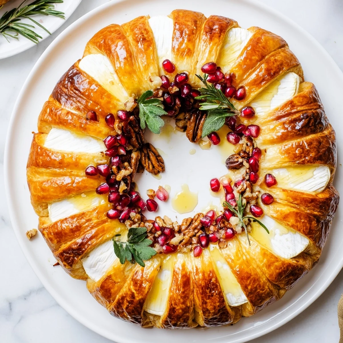 Golden-baked Pomegranate and Brie Wreath, warm and inviting; perfect for entertaining guests with this appetizer.