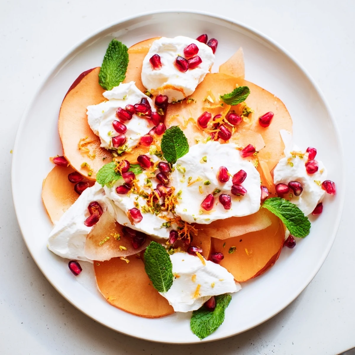 Artistically arranged Winter Fruit Snowscape of persimmons and pears, drizzled with creamy mascarpone.