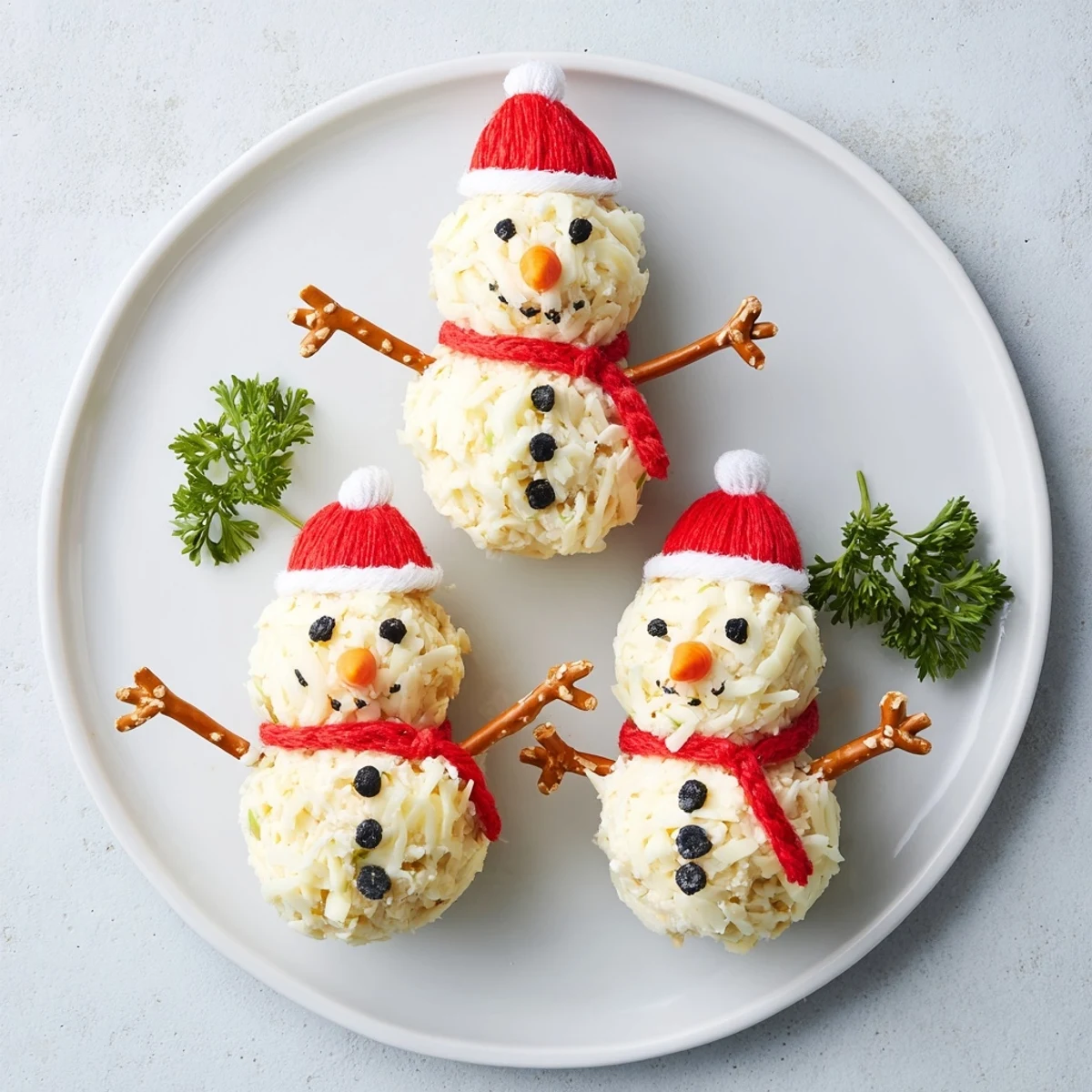 Festive Snowman Cheese Ball Trio, a creamy appetizer, is arranged delightfully on a platter with crackers.
