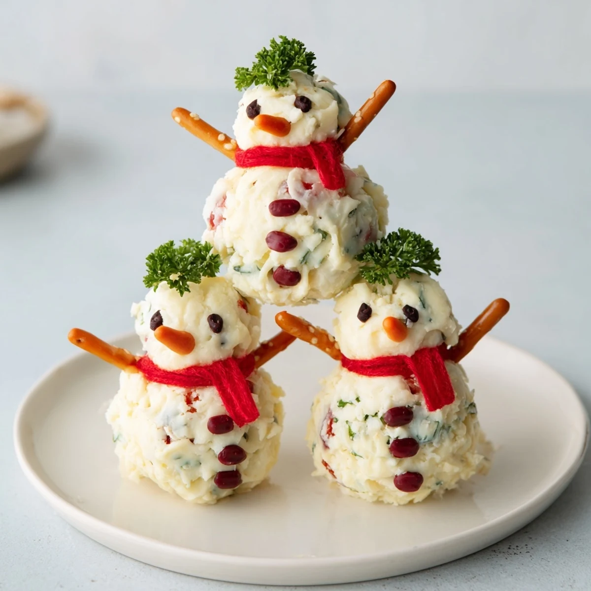 Get ready to serve this whimsical Snowman Cheese Ball Trio, perfect for a cheerful holiday party spread!