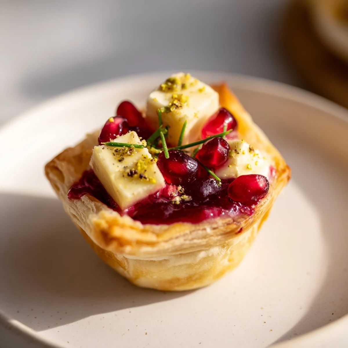 Golden-crusted Fireworks Brie Tartlets, bursting with melted Brie, sweet preserves, and fresh herbs.