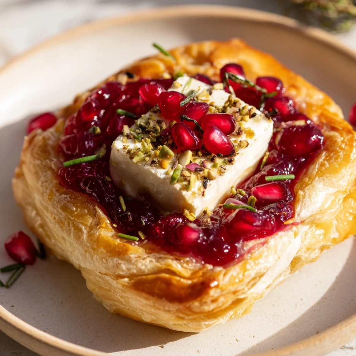 Warm and flavorful Fireworks Brie Tartlets, a delightful appetizer with vibrant pomegranate seeds and herbs.