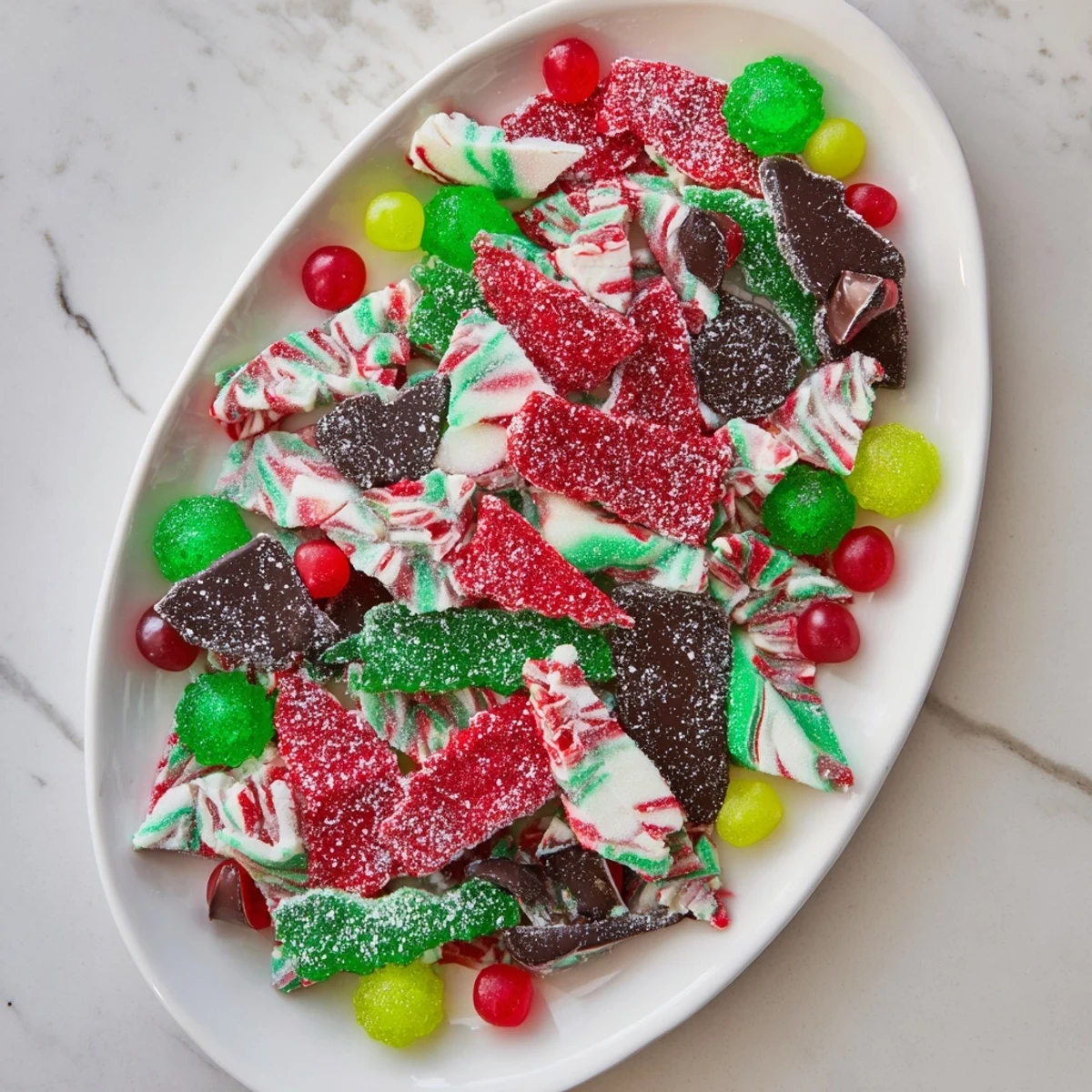 Vibrant Jingle Bell Rock Candy Display arrangement featuring shimmering sugar, treats, and festive chocolates, ready to serve.