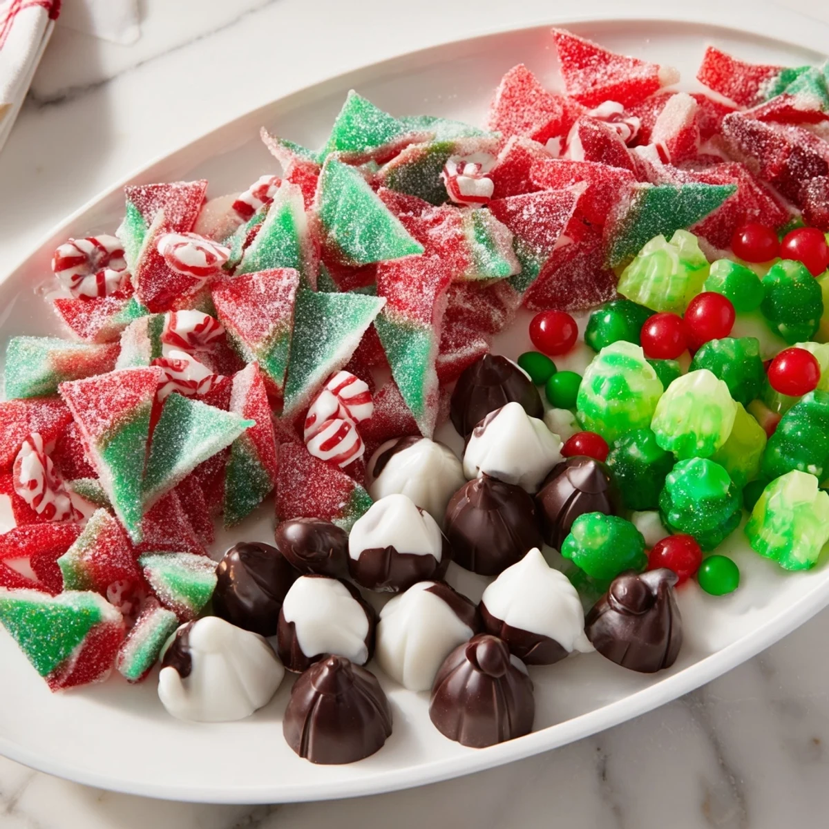 Colorful homemade Jingle Bell Rock Candy pieces on a platter, alongside holiday chocolates, ready for a sweet dessert.