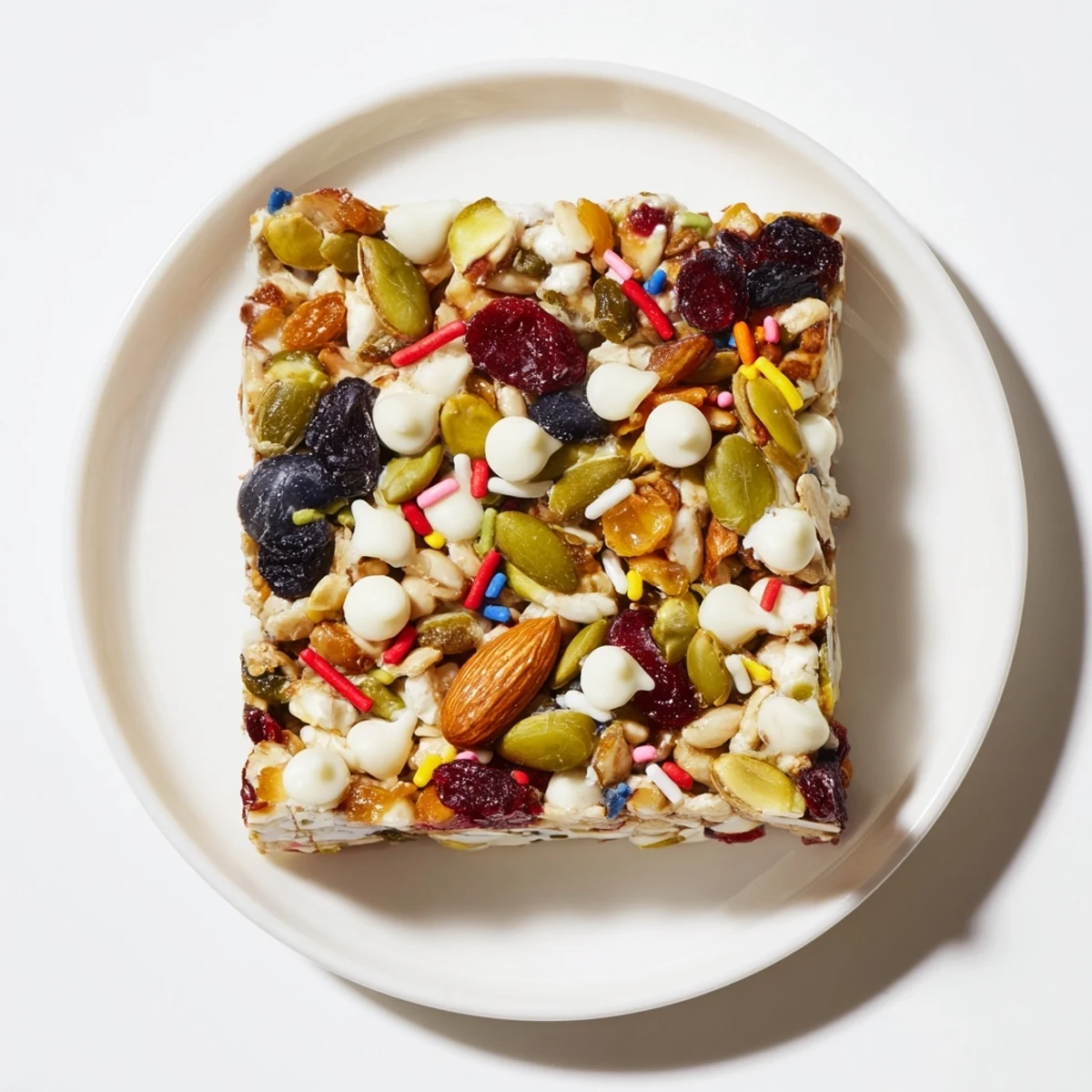Festive Winter Wonderland Trail Mix Bar, packed with fruits, nuts, and white chocolate, ready to enjoy.