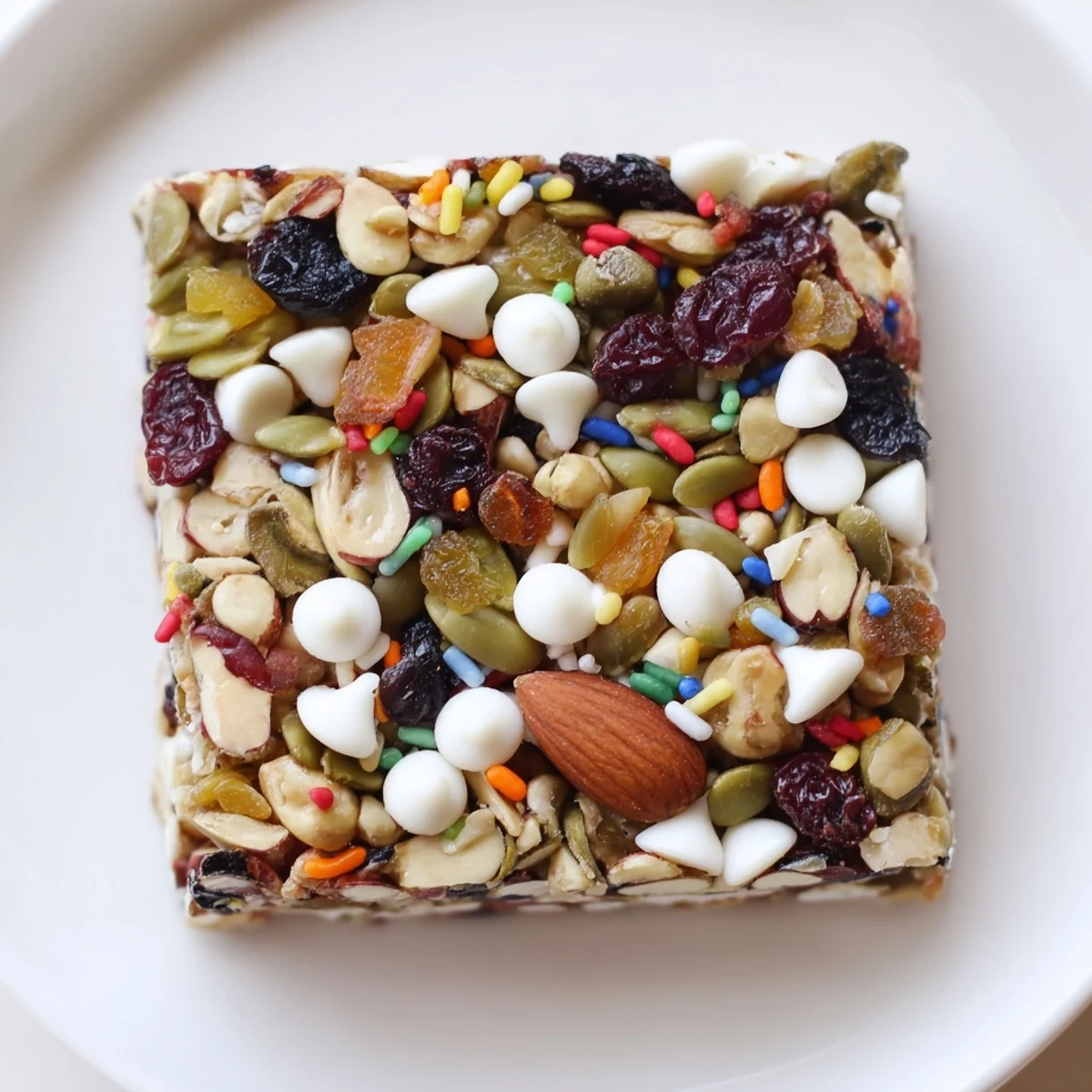 Close-up of a delicious Winter Wonderland Trail Mix Bar, brimming with textures and holiday flavors.