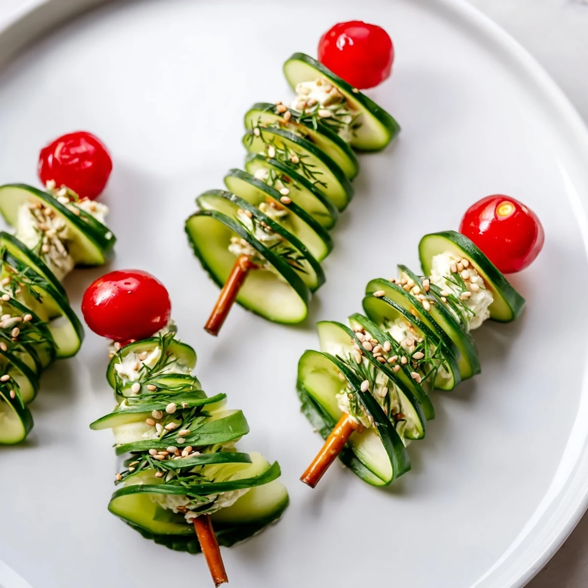 Festive spiral cucumber ribbon Christmas trees, a holiday appetizer starring cucumber ribbons, ready to serve and enjoy.