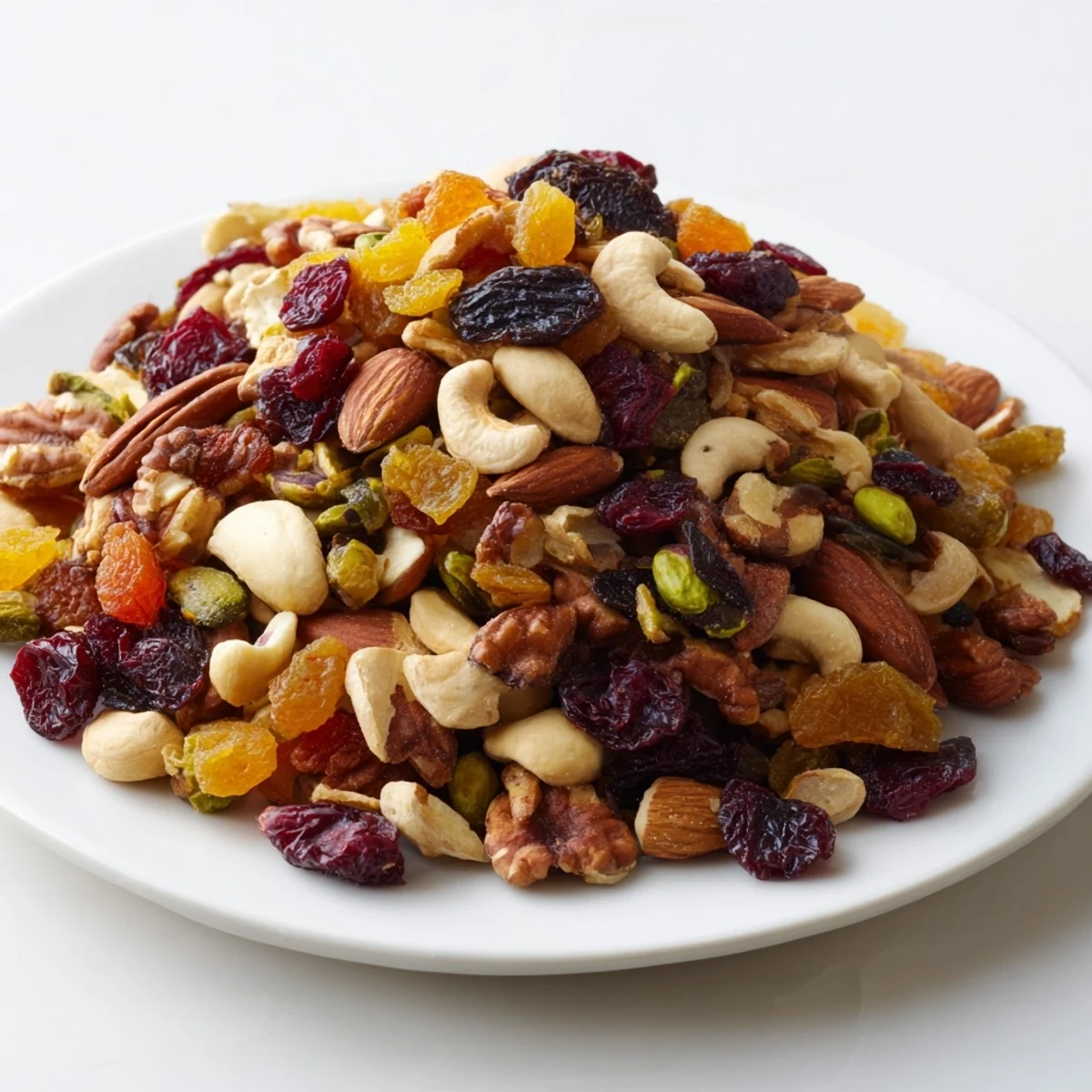 A vibrant pile of Easy Party Assorted Nuts and Dried Fruit, offering a sweet & savory snack.