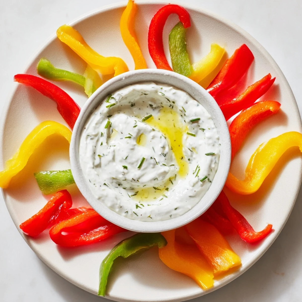Bright red, yellow, and green bell pepper strips surrounding the creamy Greek yogurt dip.