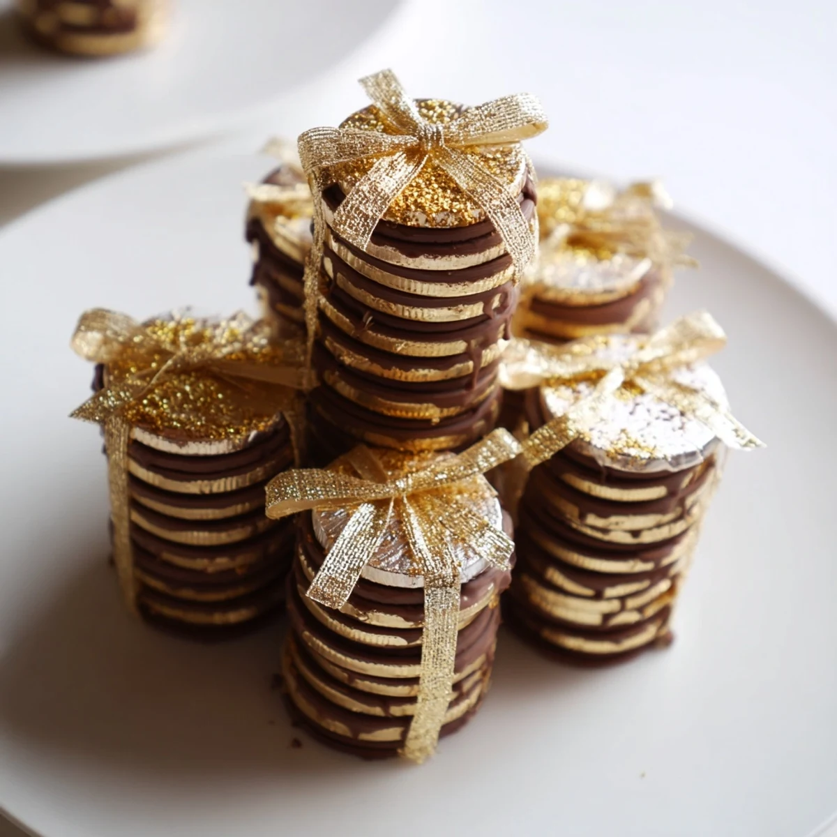 A festive display of chocolate gold coin stacks, perfect for holiday treats and decorations.