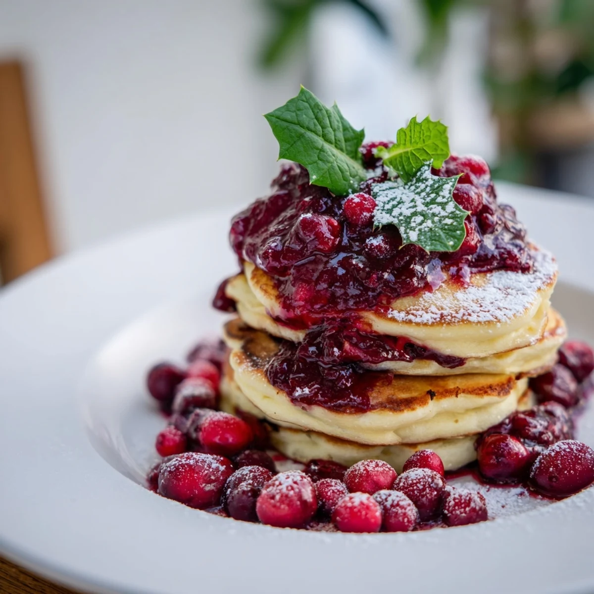 A beautiful Brunch Board with warm, fluffy pancake stacks, topped with vibrant berry holly for brunch.