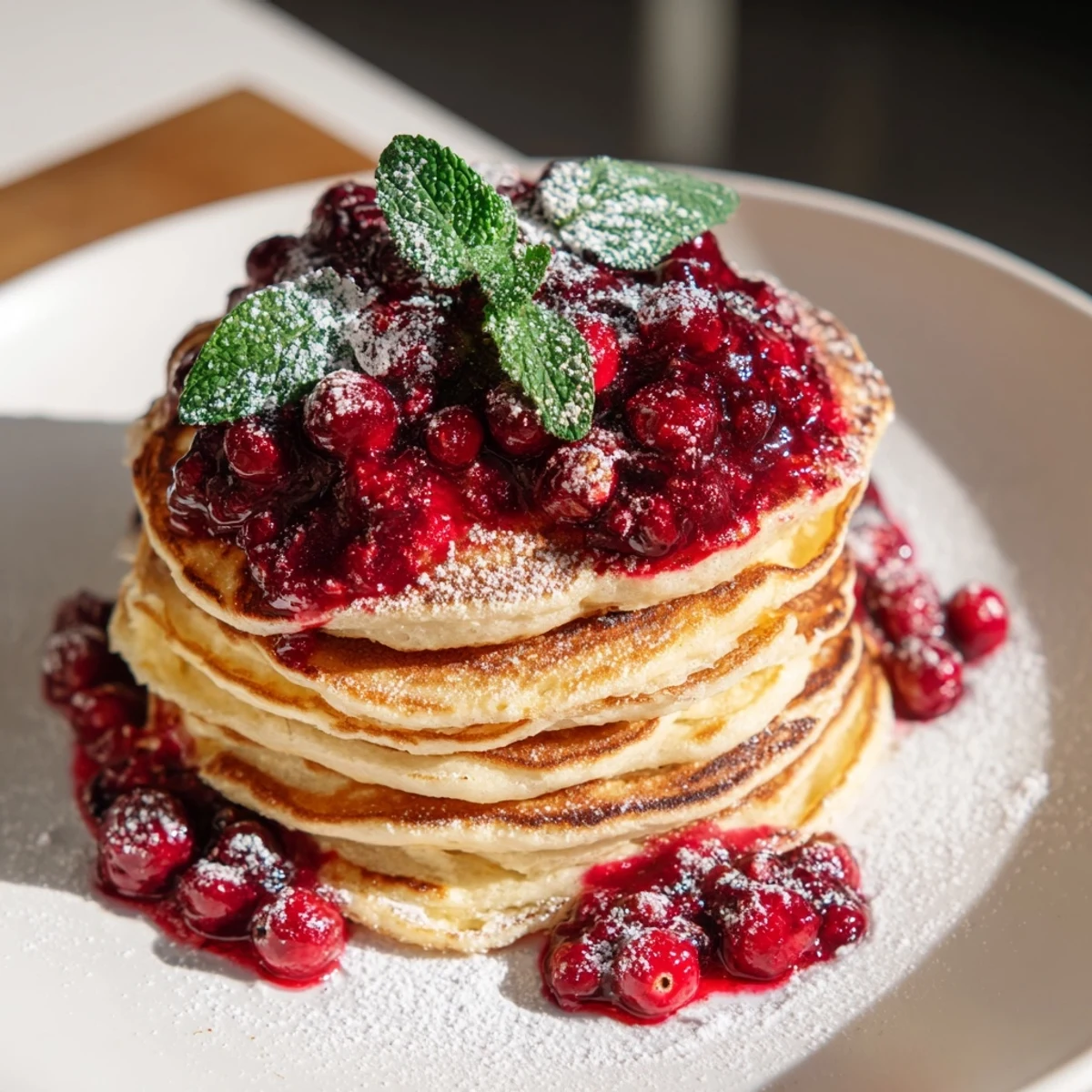 Enjoy a delicious Brunch Board featuring perfectly cooked pancakes, drizzled with festive berry holly compote.