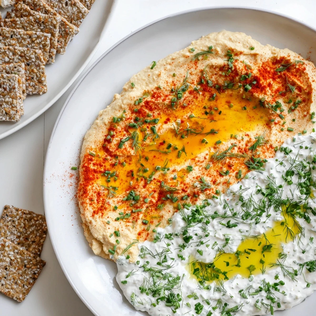 Fresh, colorful Easy Dips are arranged in a platter, separated by crackers for convenient snacking.