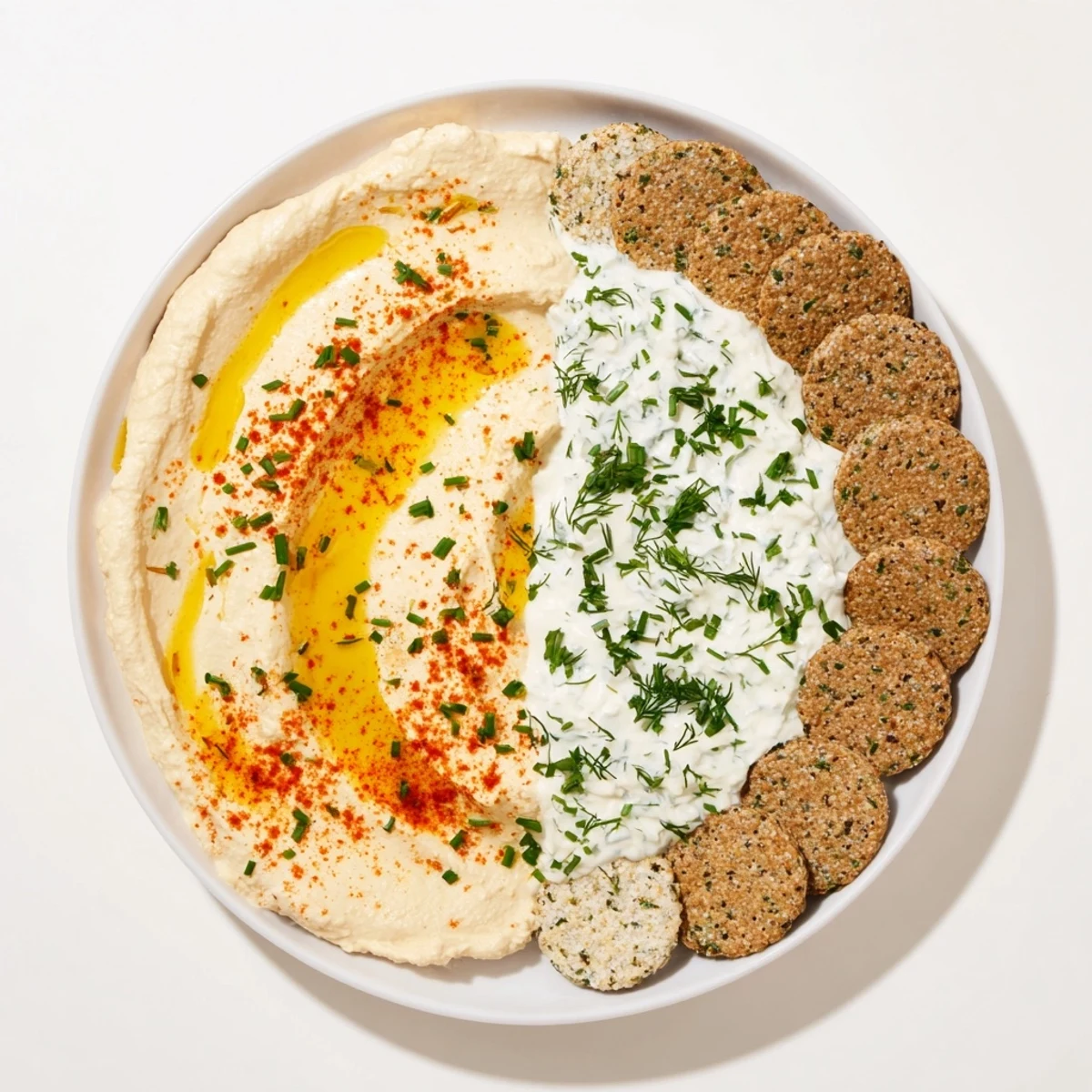 Easy Dips: A vibrant spread of hummus and creamy yogurt dip, ready for dipping with crackers.