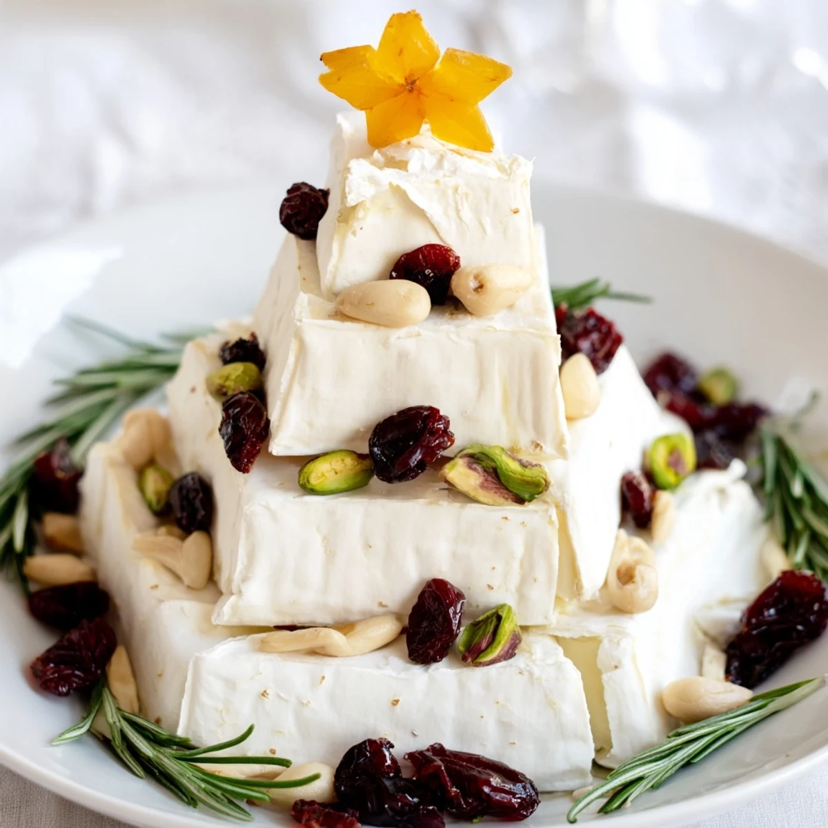 Holiday-ready Brie Triangle Cheese Tree, featuring creamy Brie and festive garnishes for a delicious spread.