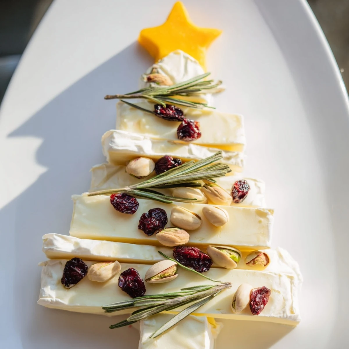 A beautiful Brie Triangle Cheese Tree appetizer, adorned with cranberries, and pistachios arranged on a platter.