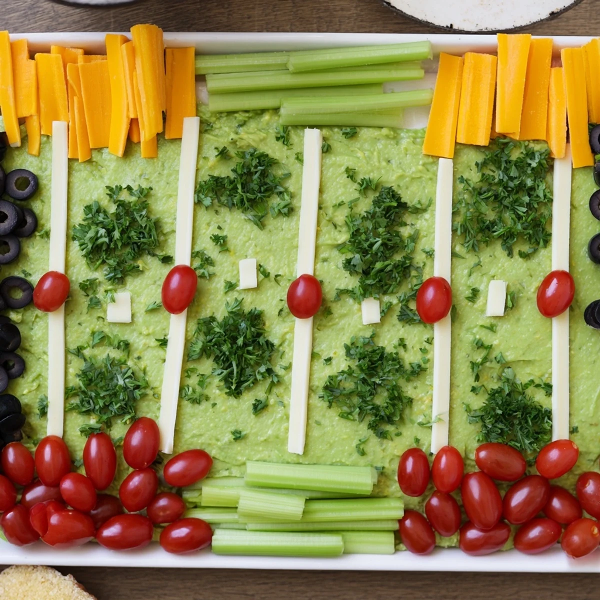 Arranged for fun, this Game Day Football Field Snack Board includes savory dips and colorful dippers.