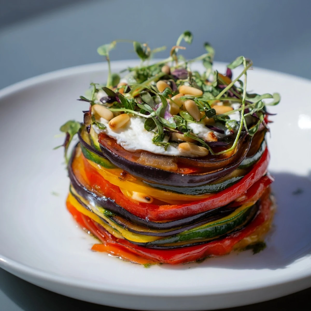 Elegant The Snail Shell Spiral appetizer: roasted vegetable spiral with creamy goat cheese at serving.