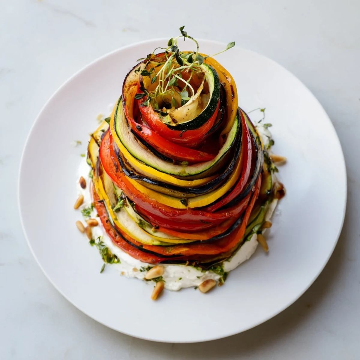 Vibrant The Snail Shell Spiral on a plate—artful arrangement of roasted vegetables, ready to eat.