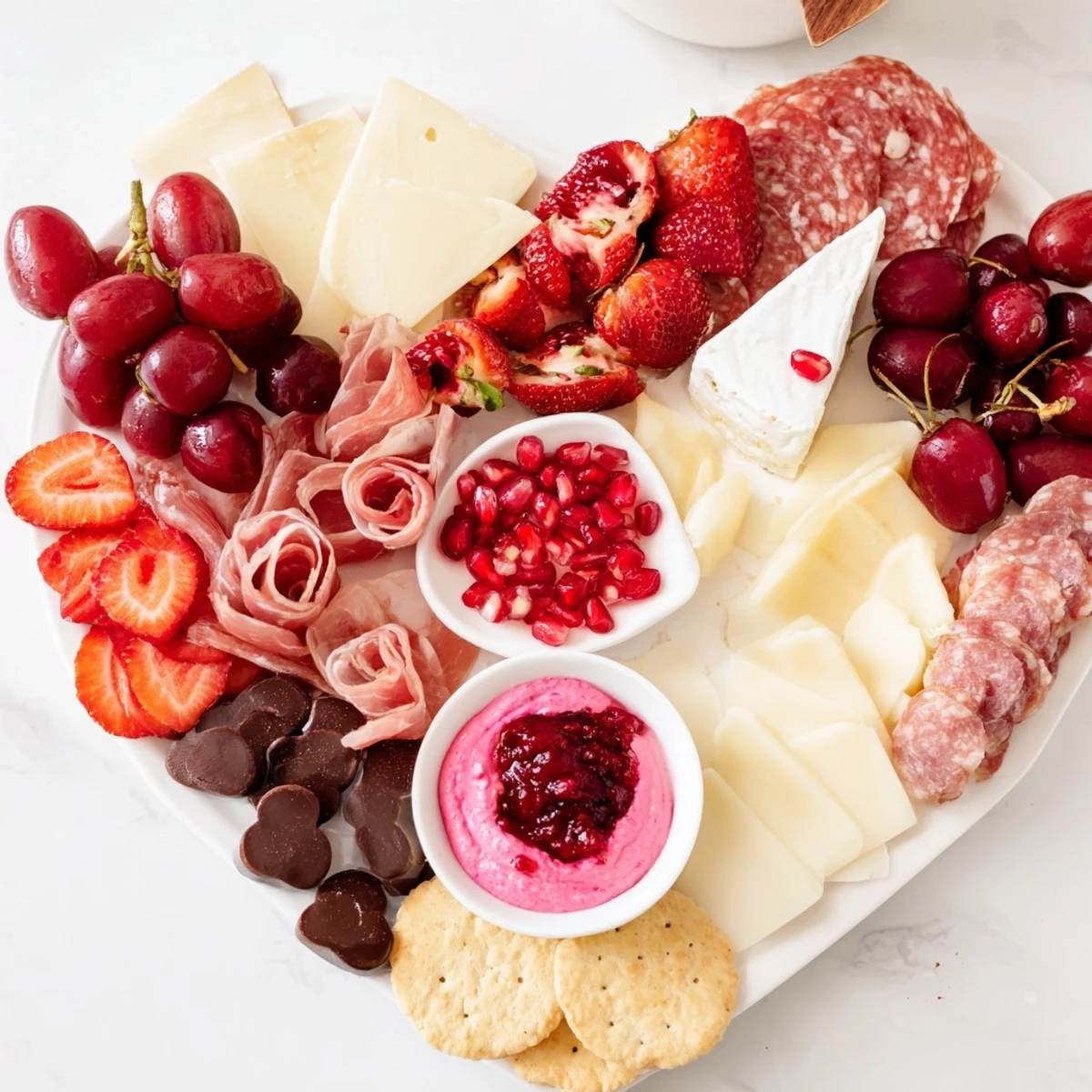 Impressive Heart of Romance Board overflowing with fresh fruits, meats, and cheeses for sharing.