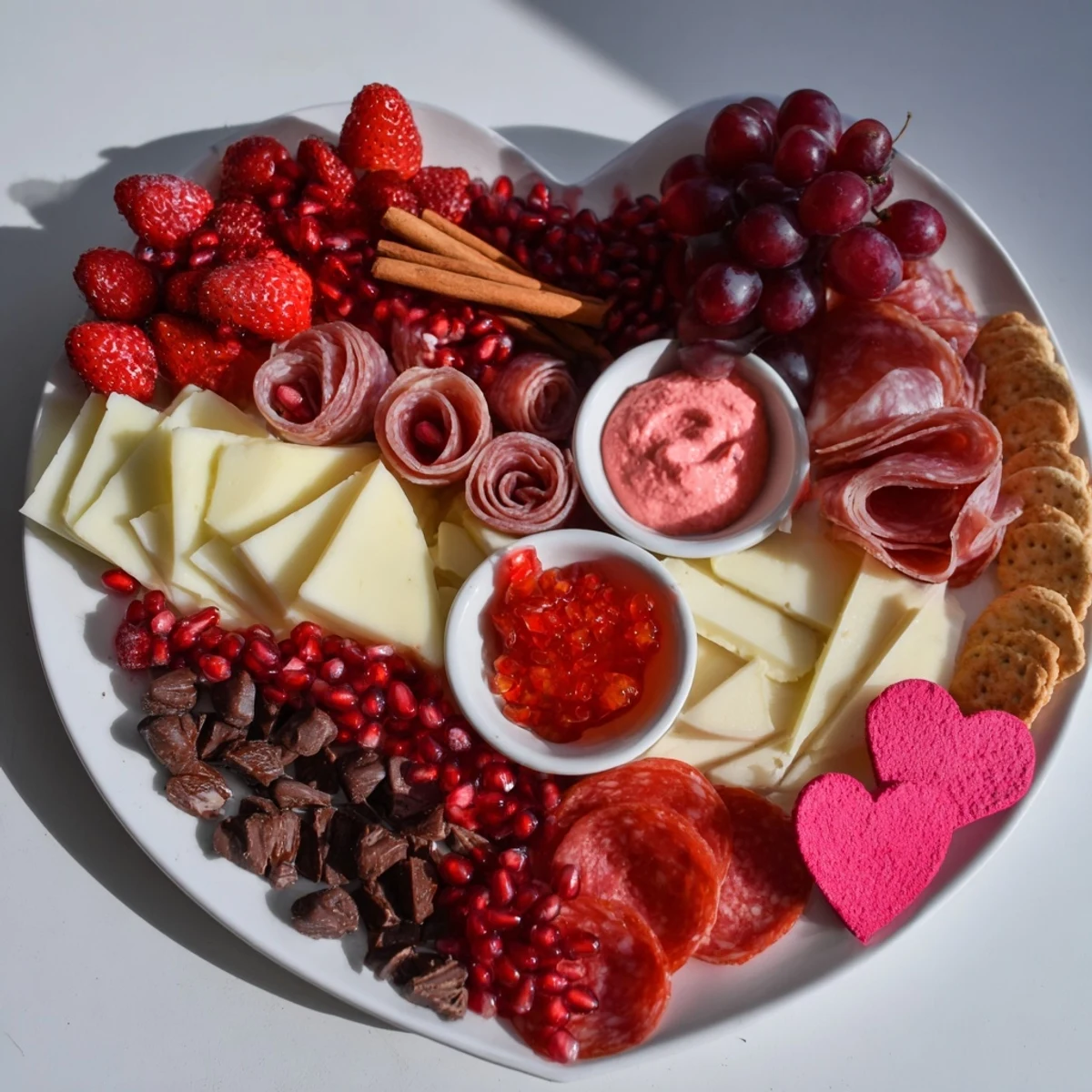 This beautiful Heart of Romance Board presents a delightful spread of savory and sweet treats ready to enjoy.