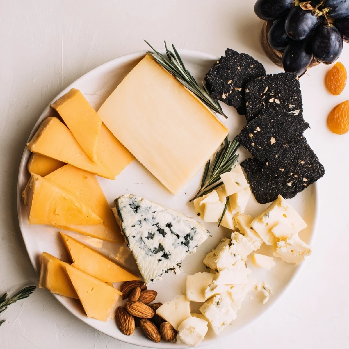 Crescent Moon & Stars Cheese Board: A gorgeous spread with cheese stars, dark crackers, and ripe grapes ready to serve.