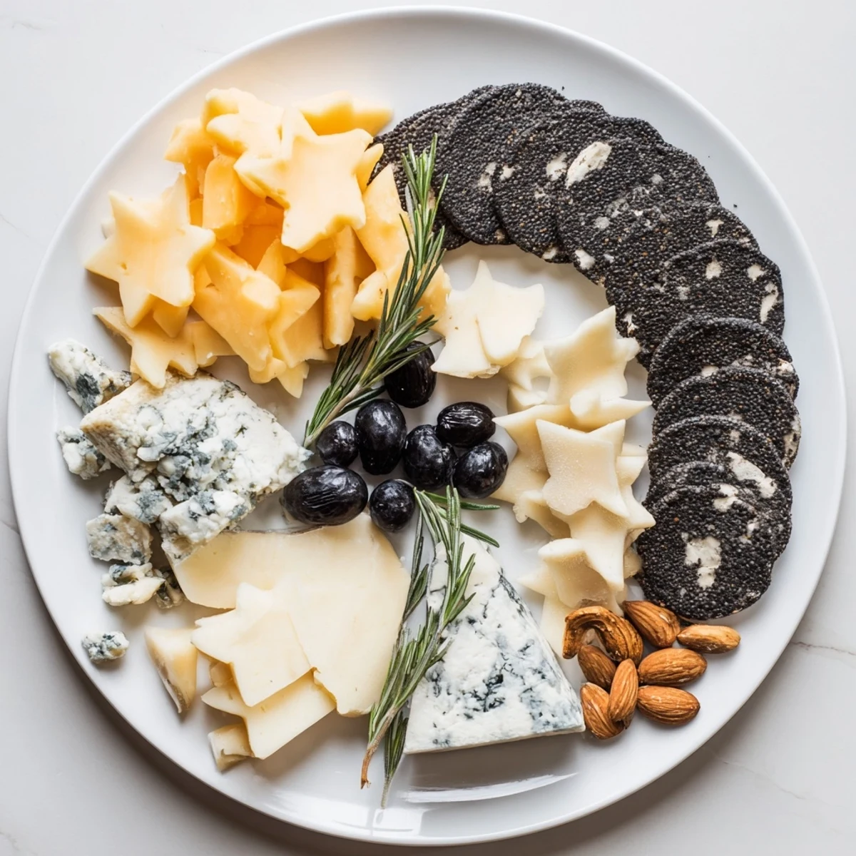 Imagine a delicious Crescent Moon & Stars Cheese Board, showcasing creamy brie and nutty cheddar with fig accents.