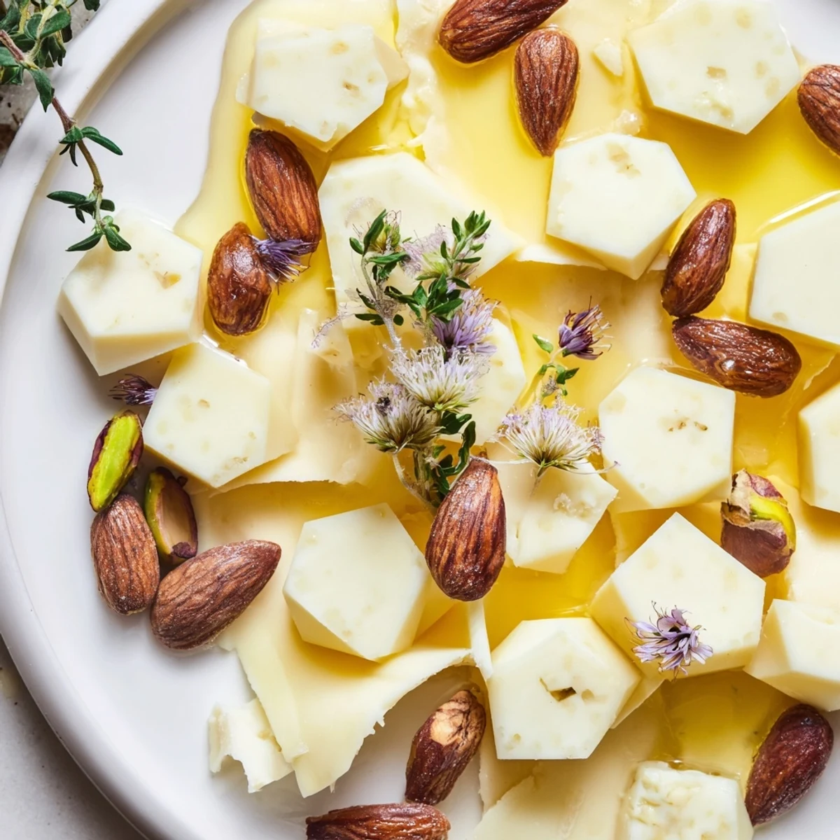 Magnificent honeycomb hexagon maze platter featuring artfully arranged cheeses, nuts, and golden honey drizzle.