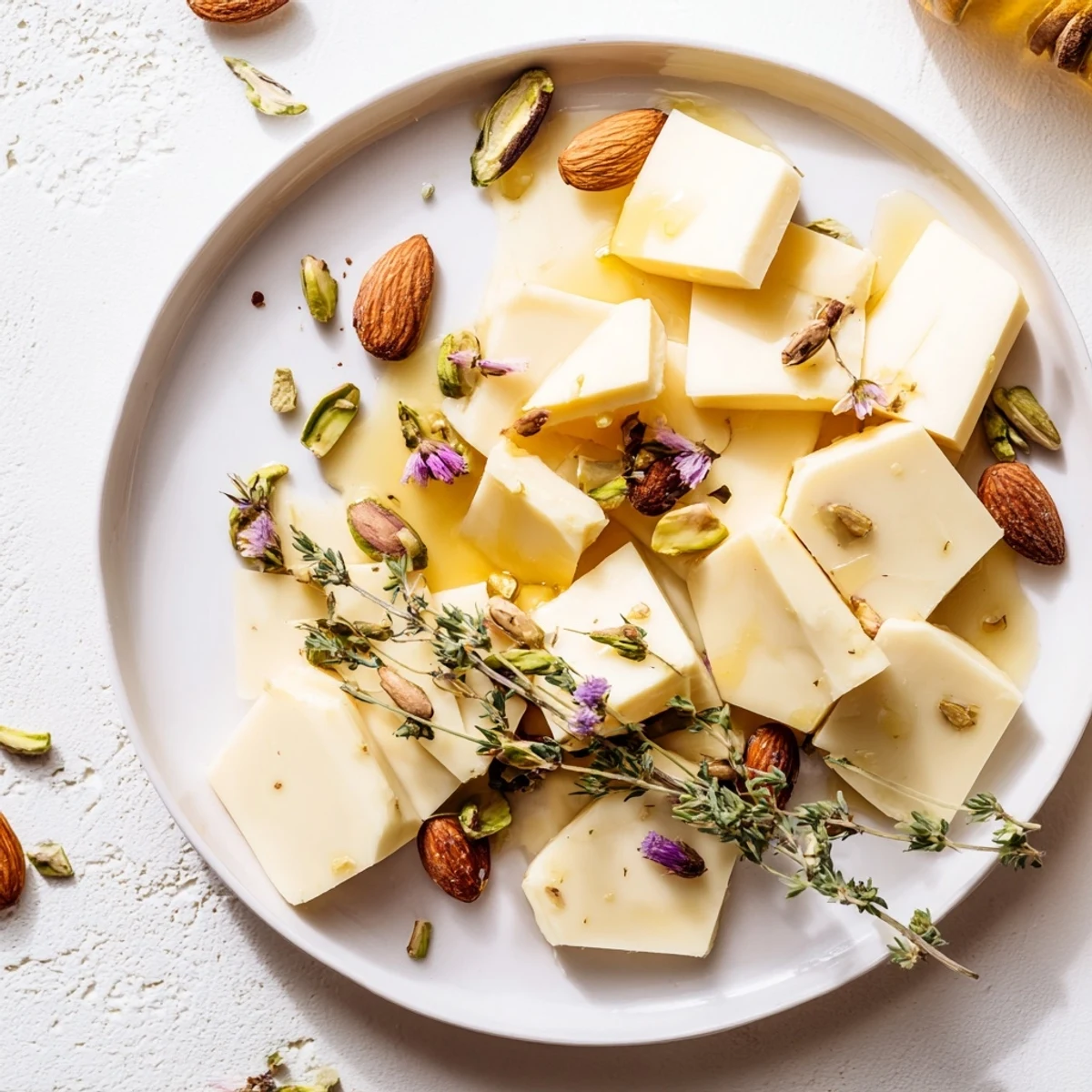 Elegant honeycomb hexagon maze: a geometric cheese and nut appetizer drizzled with glistening honey.