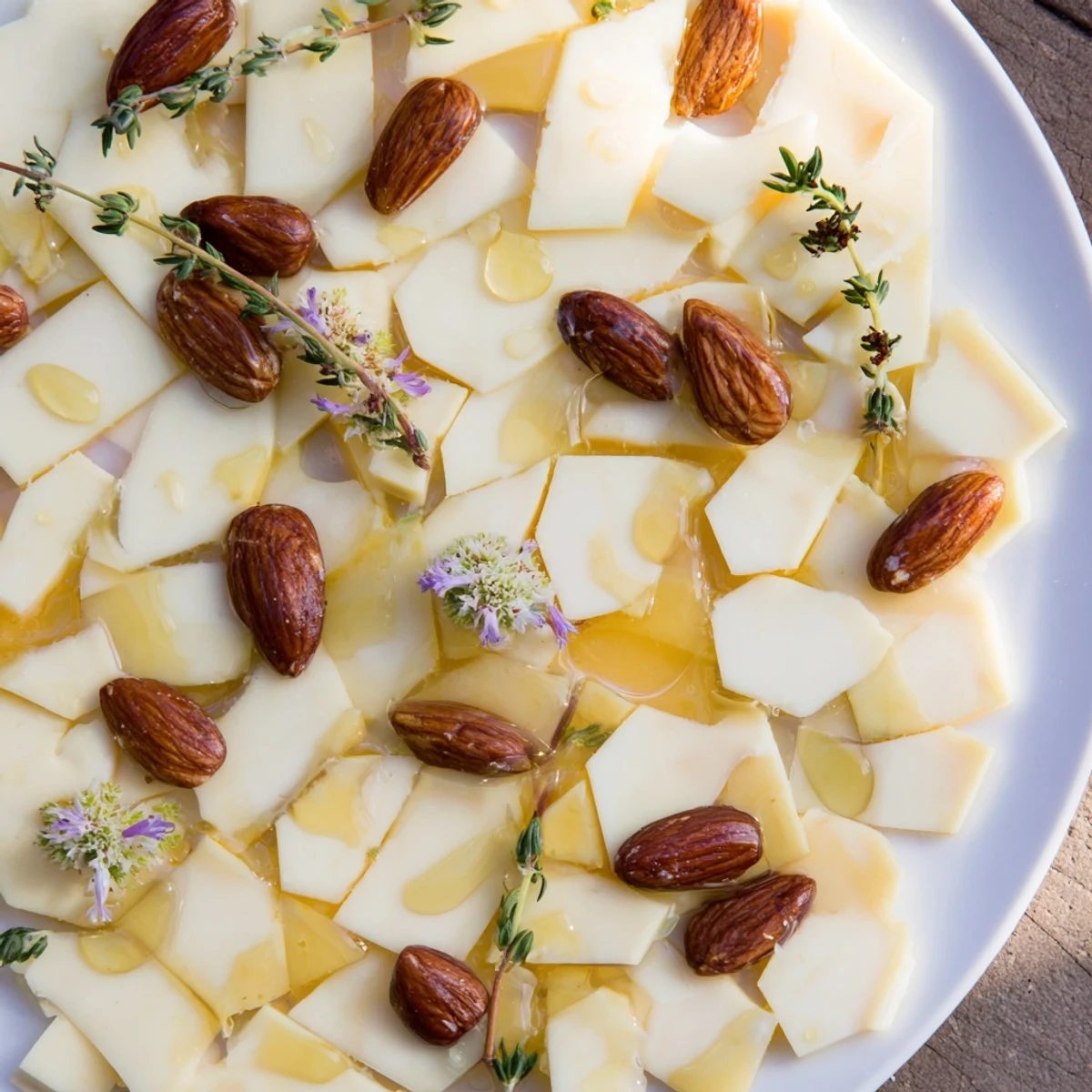 Tasteful honeycomb hexagon maze, visually appealing gourmet cheese platter with sweet honey and crunchy nuts.