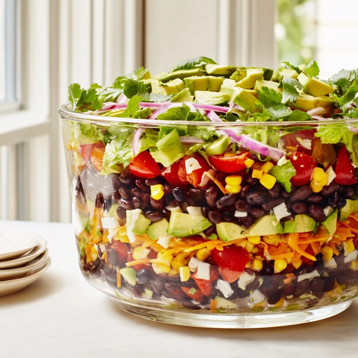 Southwest Sunset Palette salad features vibrant layers including peppers and black beans, a visually striking Tex-Mex dish.