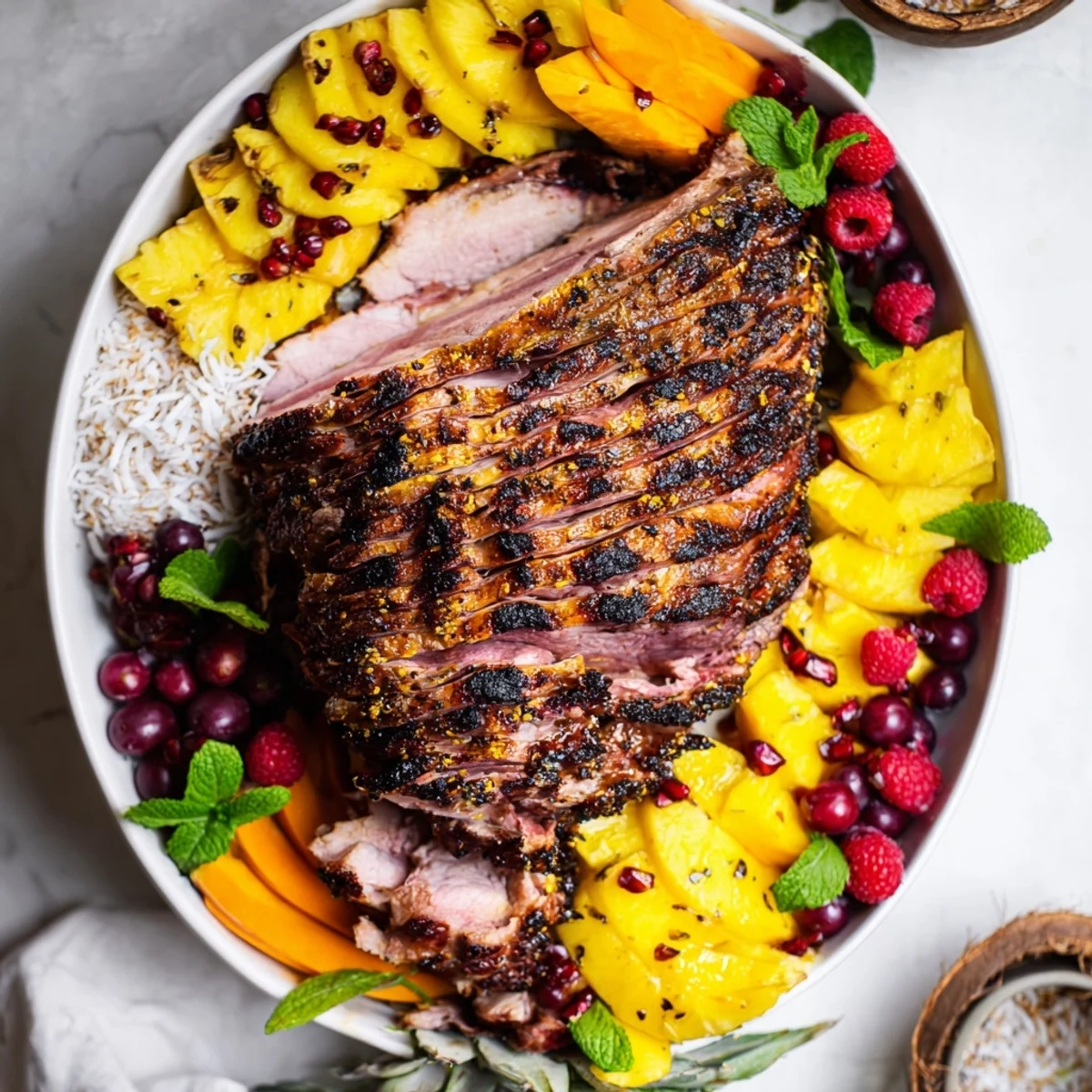 Beautifully arranged Tropical Pineapple Paradise: scored pineapple, surrounded by colorful fruits, ready to serve.