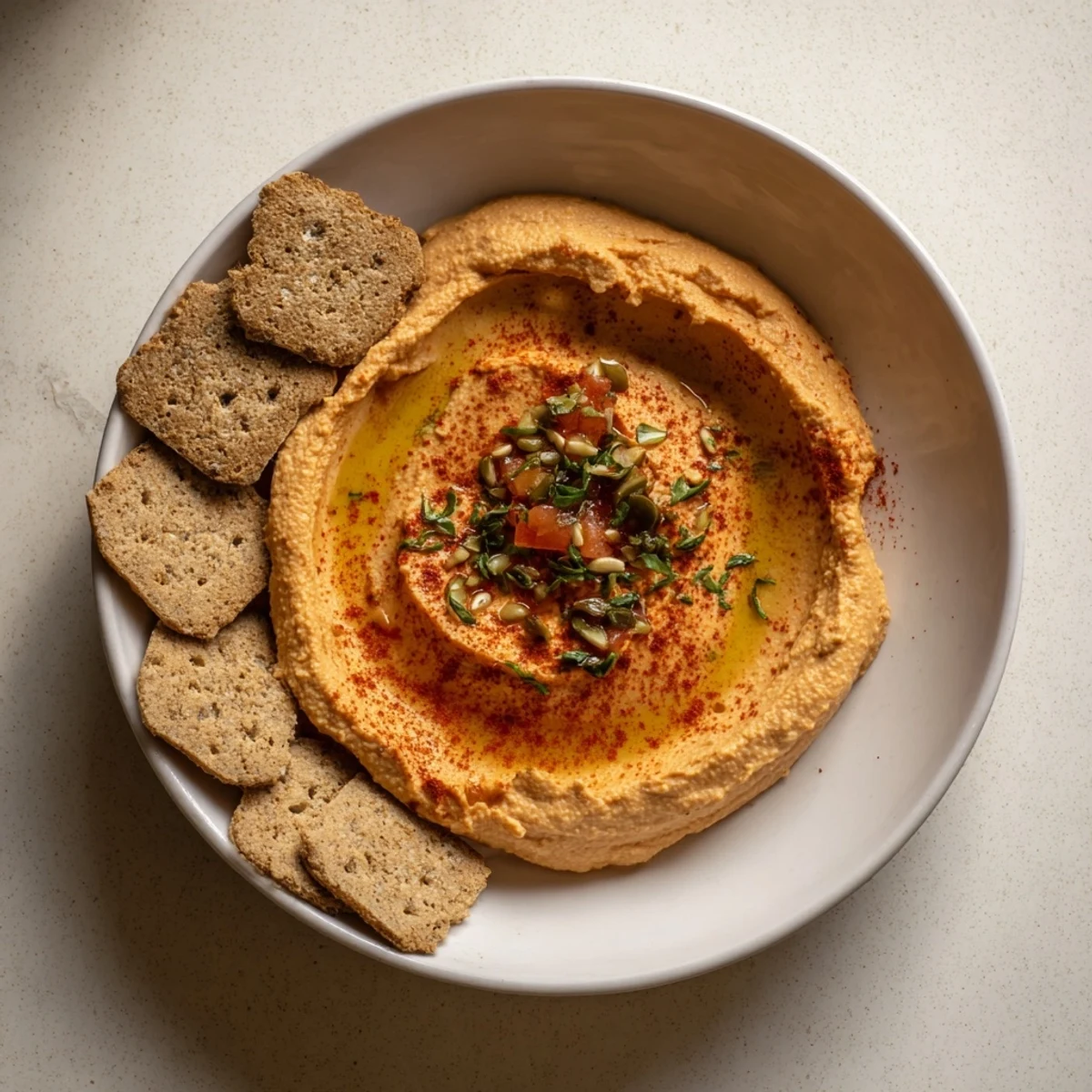 A beautifully layered Sandstone Canyon appetizer with creamy hummus and crispy crackers; perfect for sharing.