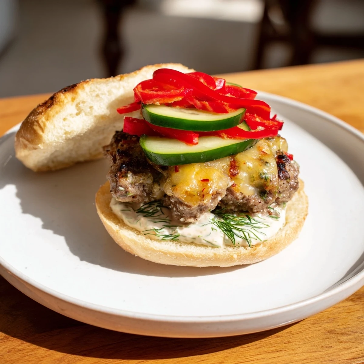 Juicy Fire & Ice Burger, topped with melted pepper-jack and refreshing cucumber, ready to serve.