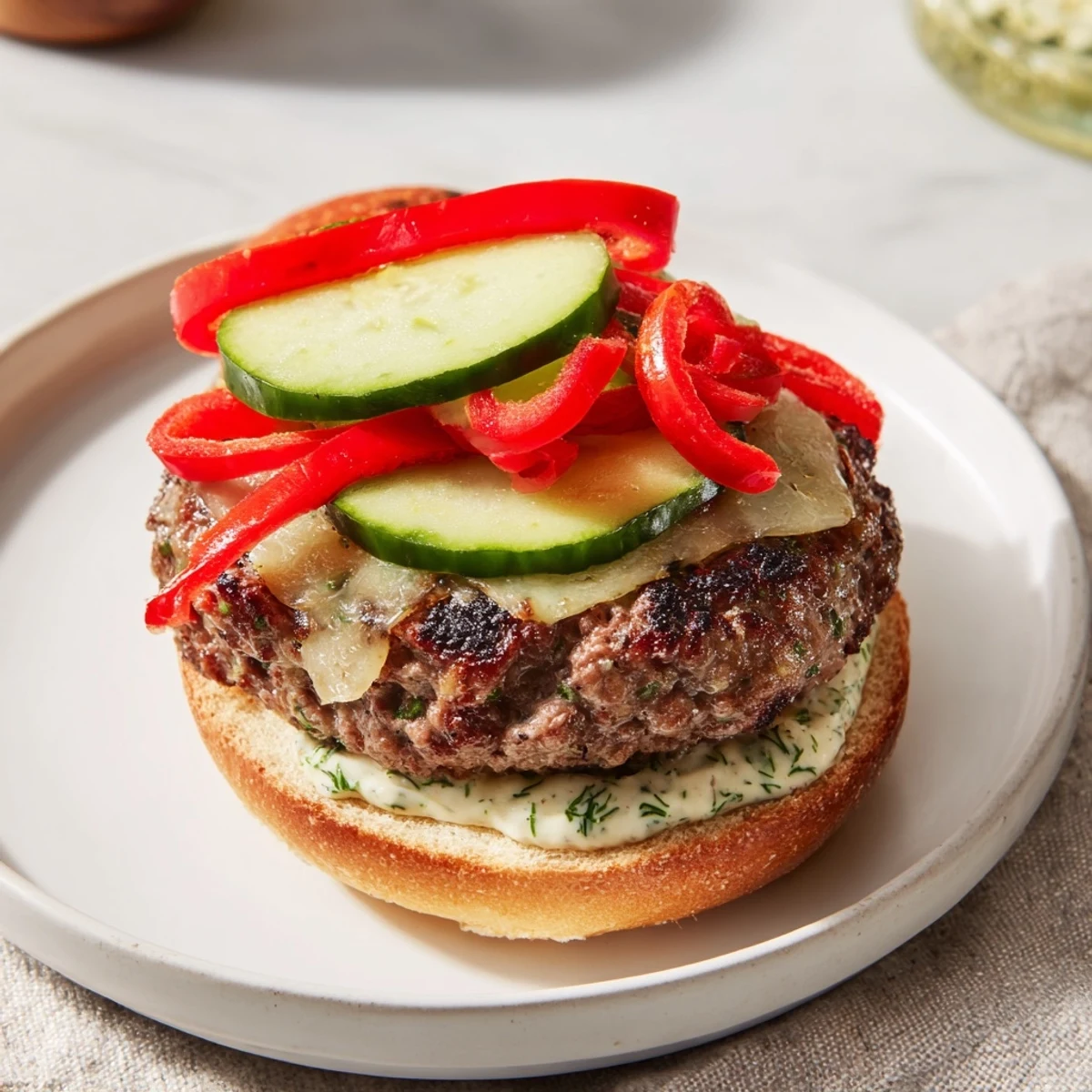 A close-up shot of a sizzling Fire & Ice Burger with vibrant red pepper slices and creamy dip.