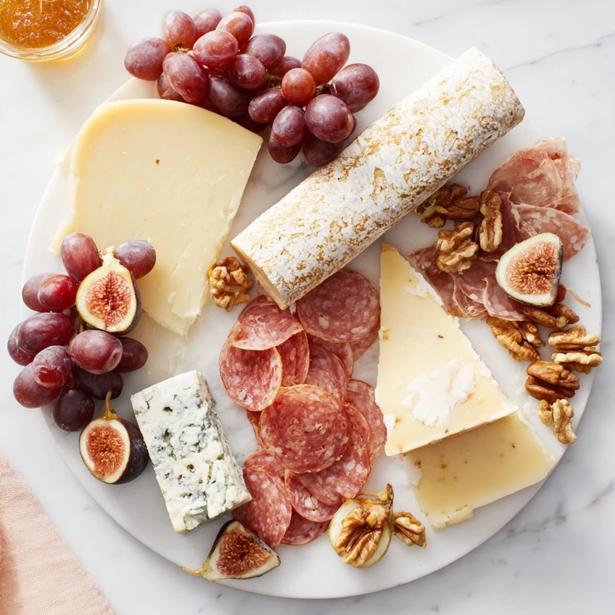 A beautifully arranged wine pairing board showcasing cheeses, meats, fruits, and crackers perfect for entertaining.