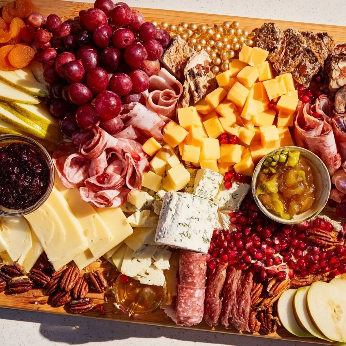 Dazzling Shining Bright Christmas 2025 Board with cheese, charcuterie, and sugared fruit for festive eating.