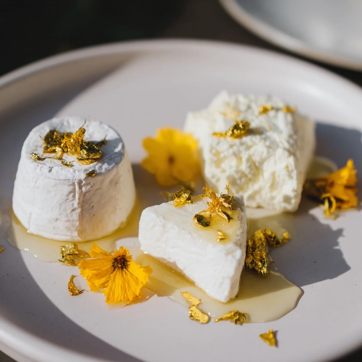 A beautiful Gilded Lily cheese platter, with edible gold and yellow flower petals, ready to serve.