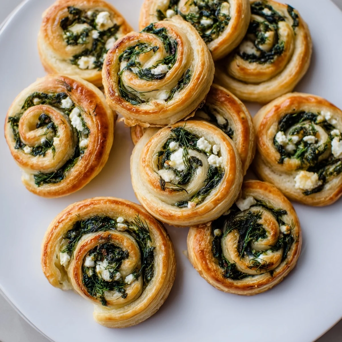 Golden Savory Spinach Feta Pinwheel Spirals, flaky with visible spinach filling, baked to perfection for the perfect appetizer.