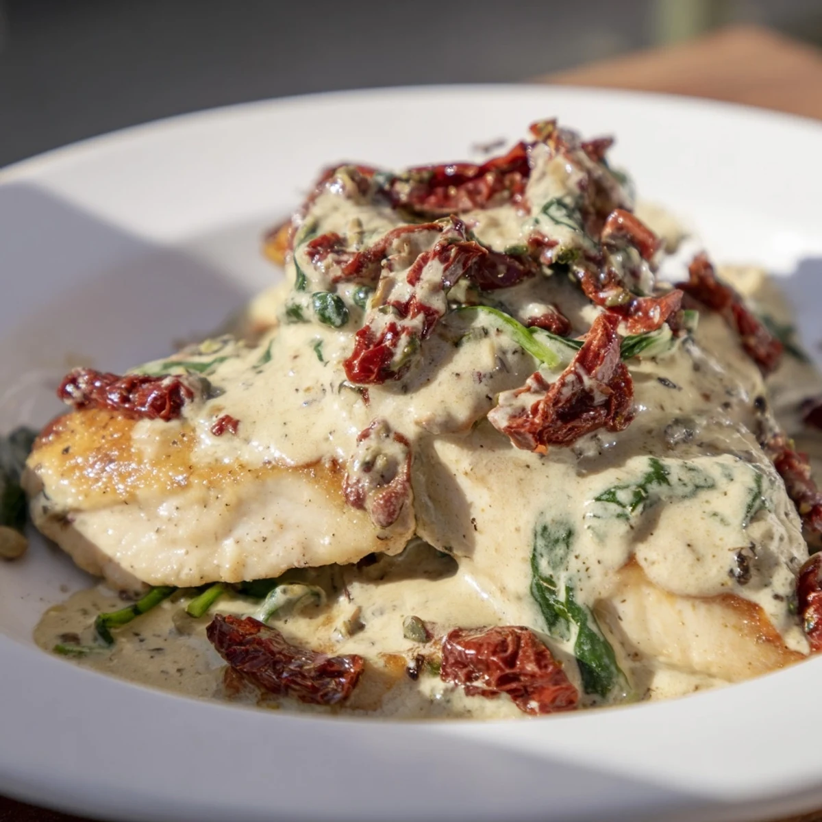 Golden seared Creamy Sun-Dried Tomato Chicken Skillet, swimming in a rich, creamy, tomato sauce with fresh basil.