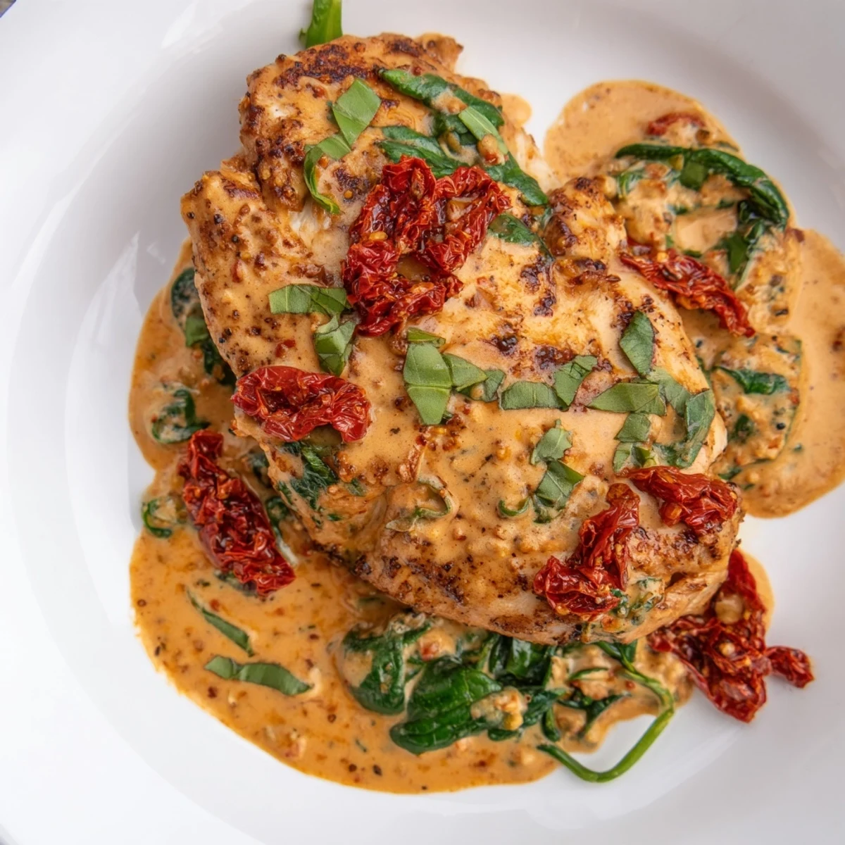 Succulent chicken breasts in the Creamy Sun-Dried Tomato Chicken Skillet, served alongside a vibrant green spinach.