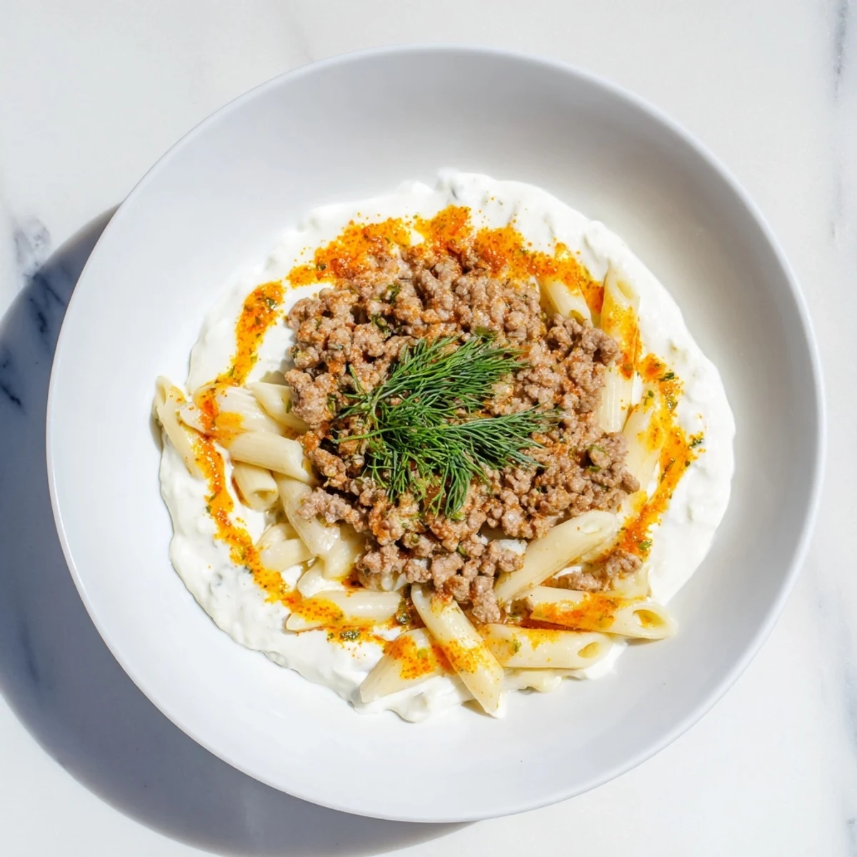 Creamy yogurt sauce blankets the flavorful Turkish Pasta with Ground Turkey in this inviting image.