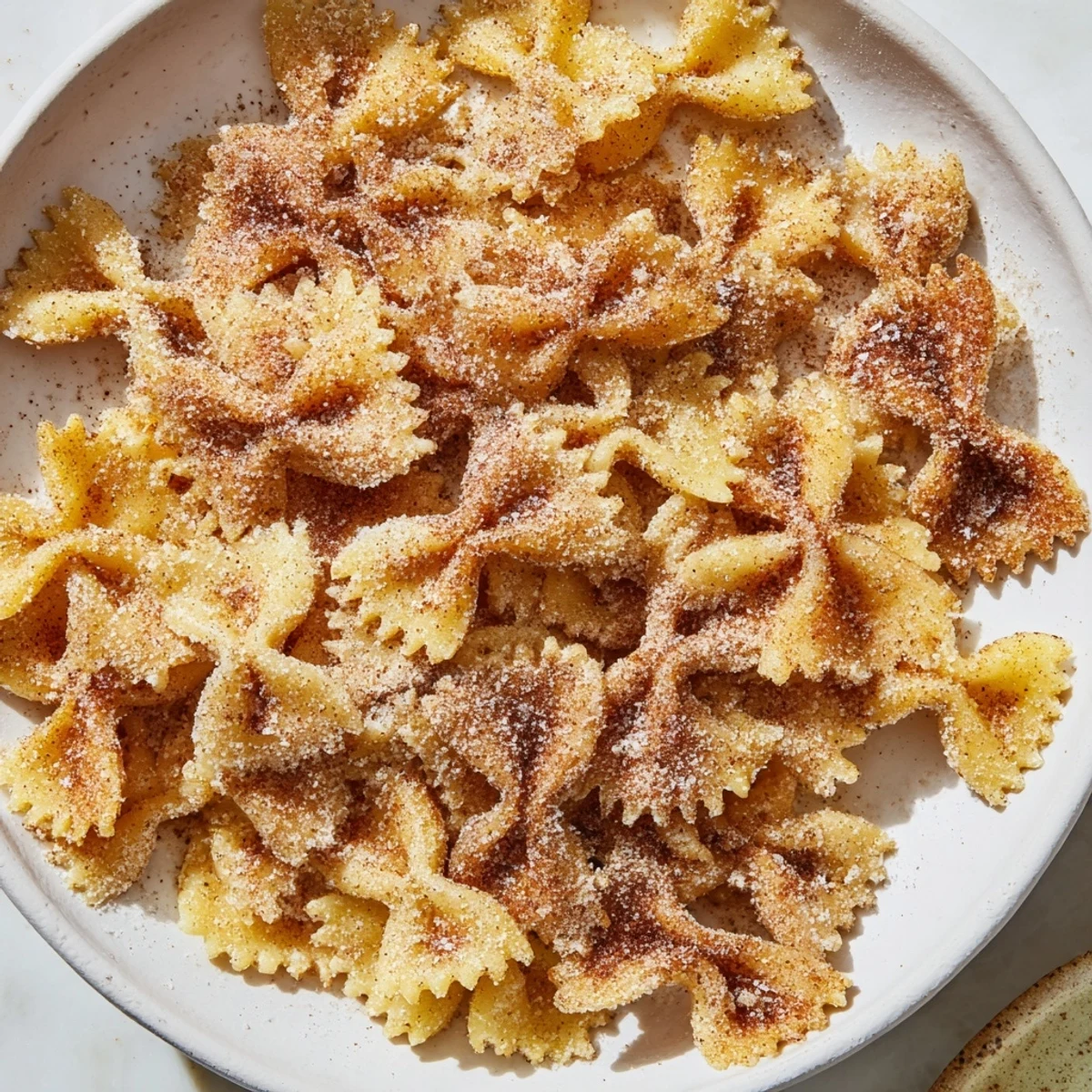 Bowtie pasta Christmas Crack from the air fryer, glistening with cinnamon sugar, ready to be enjoyed.