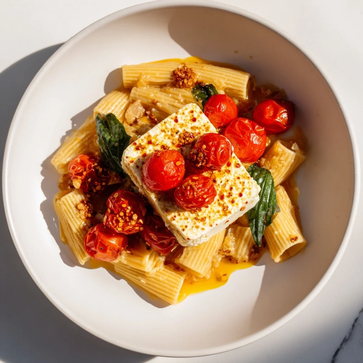 Golden baked feta 2.0 with honey, bubbly tomatoes, and pasta, perfect for a vegetarian dinner.