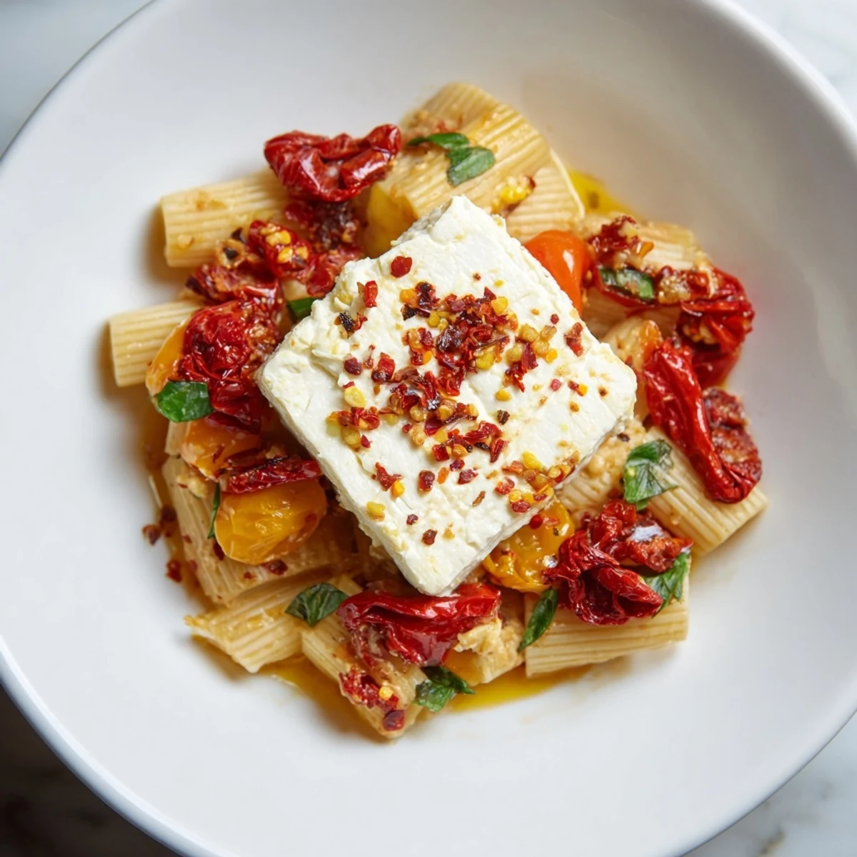 Fresh basil garnishes a vibrant baked feta 2.0 dish, blending sweet honey with spicy chili.