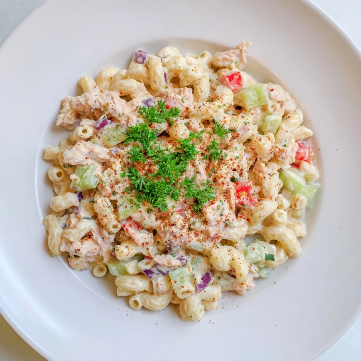 Close-up photo of Chicken Macaroni Holiday Salad, a Southern potluck favorite, ready to serve cold.